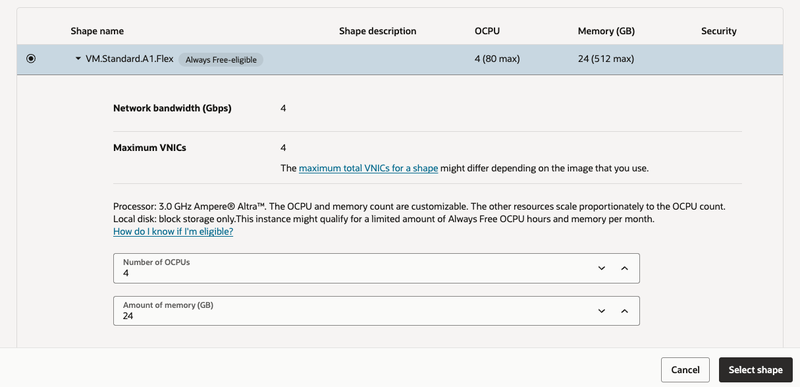 Shape selection, VM.Standard.A1.Flex with the OCPU and memory sliders