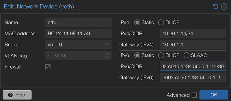 Container network device with a static IPv6 address and gateway